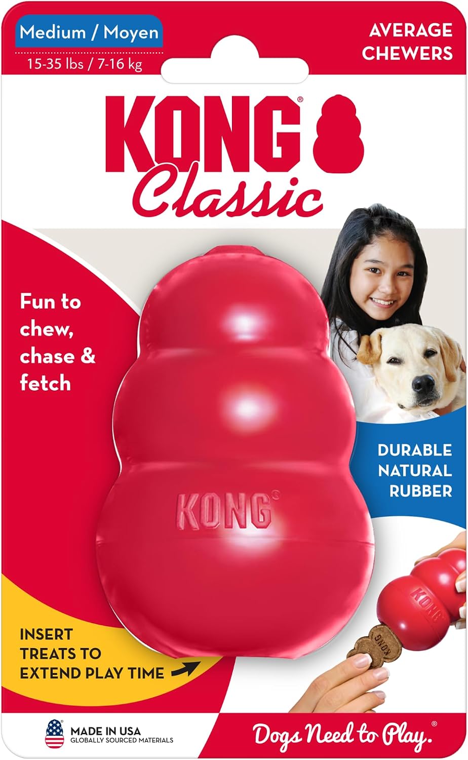 KONG Classic Stuffable Dog Toy, For Medium Dogs
Treat-Fillable Hollow Interior, Erratic Bounce for Extended Play, Durable Natural Red Rubber, for Average Chewers