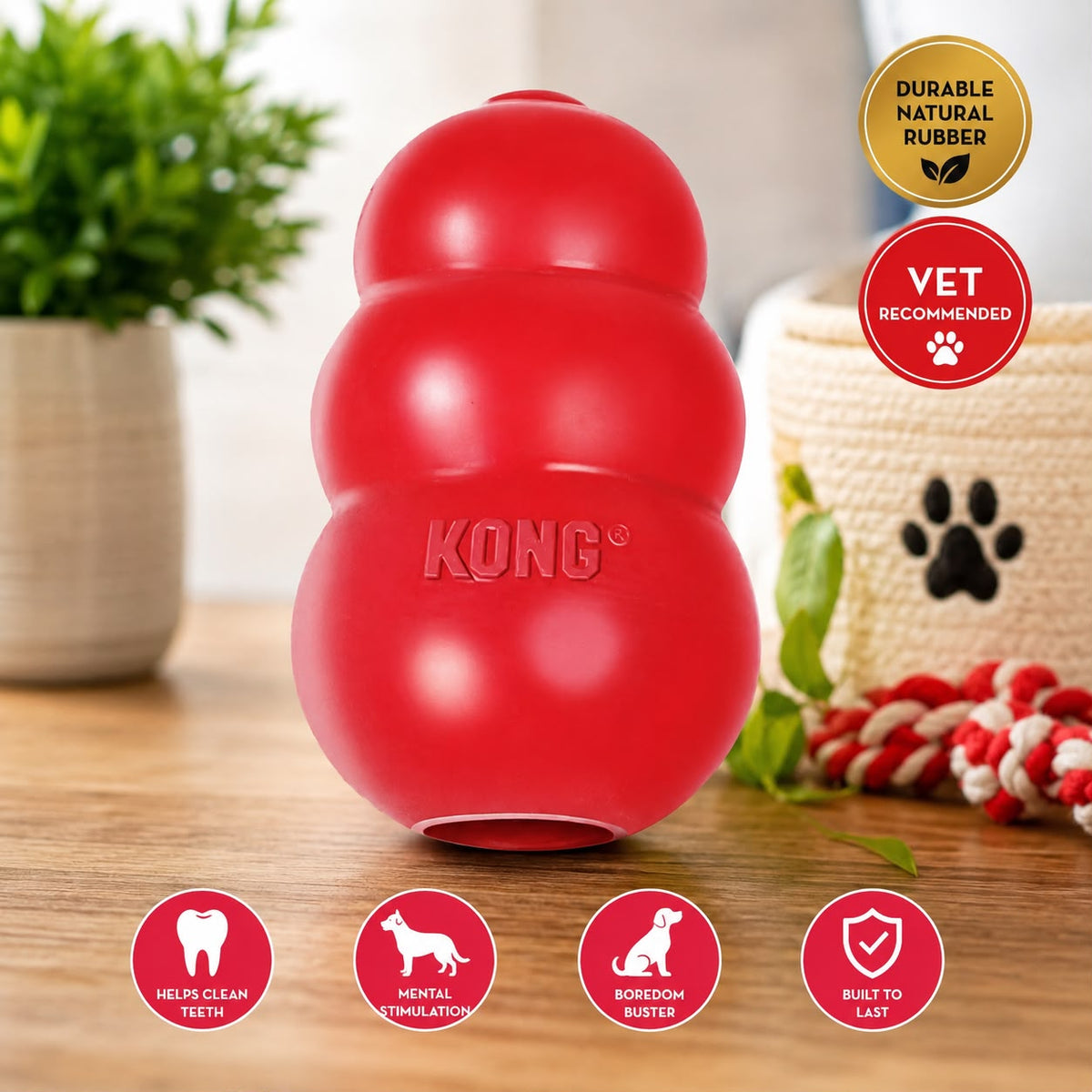 KONG Classic Stuffable Dog Toy, For Medium Dogs
Treat-Fillable Hollow Interior, Erratic Bounce for Extended Play, Durable Natural Red Rubber, for Average Chewers